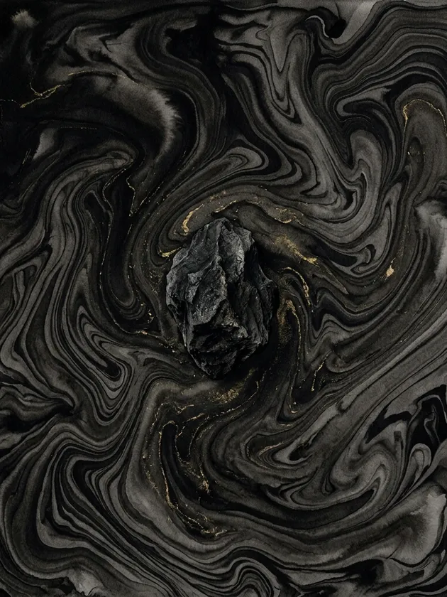 A rugged dark zen rock surrounded by abstract fluid suminagashi marbling